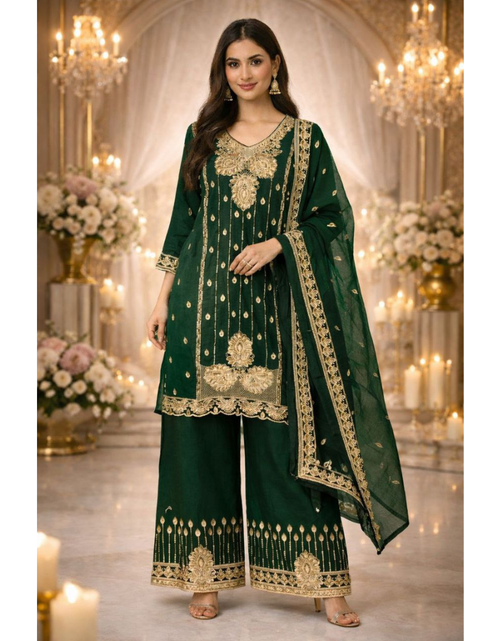 Load image into Gallery viewer, Party Wear Embroidered Women Top Palazzo Dupatta Suit Dress mahezon
