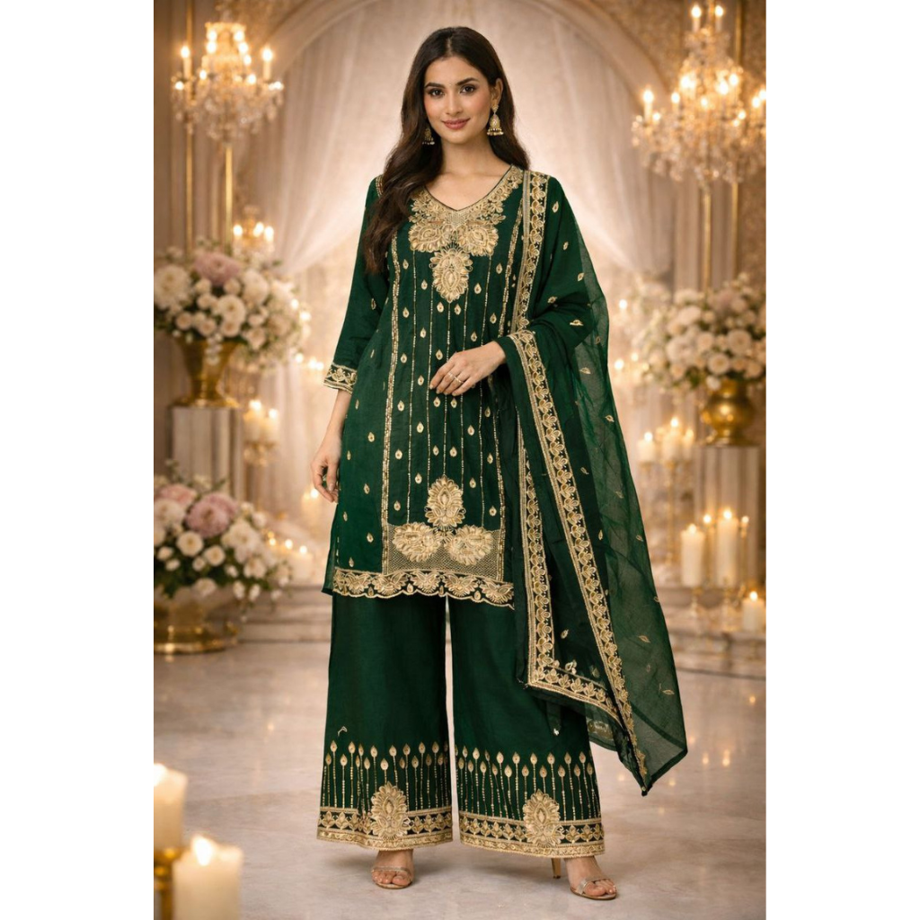 Party Wear Embroidered Women Top Palazzo Dupatta Suit Dress mahezon