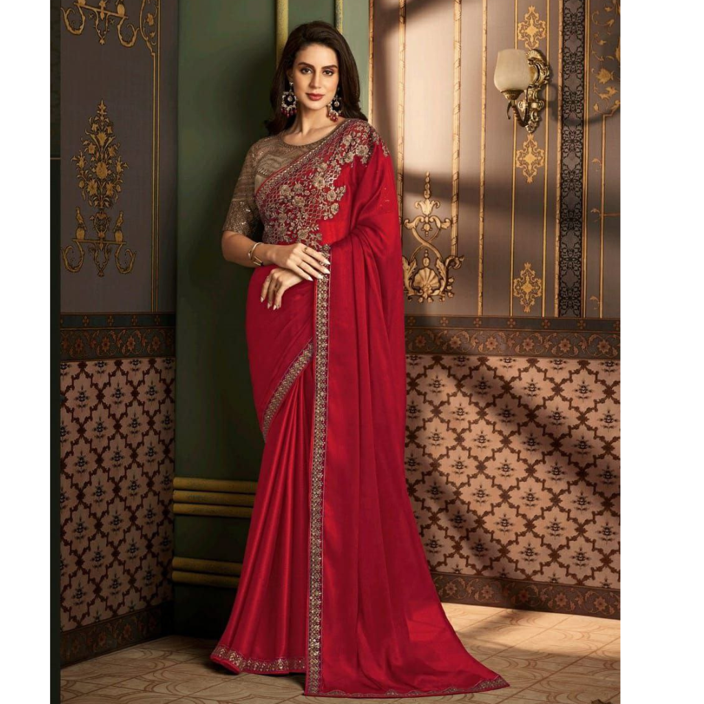 Designer Party Wear Women's Saree Red mahezon
