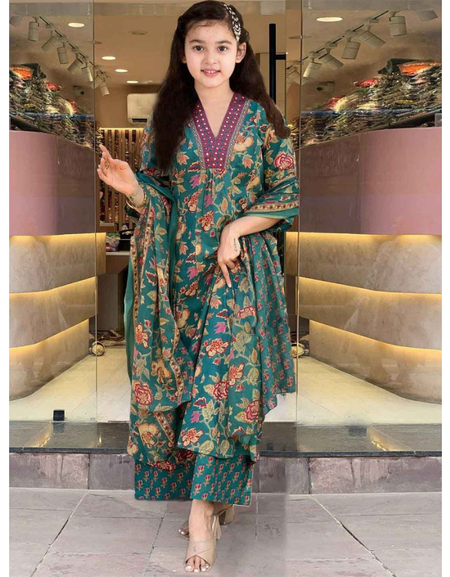 Designer Kids Girls Cotton Kurti Pant Dupatta Set