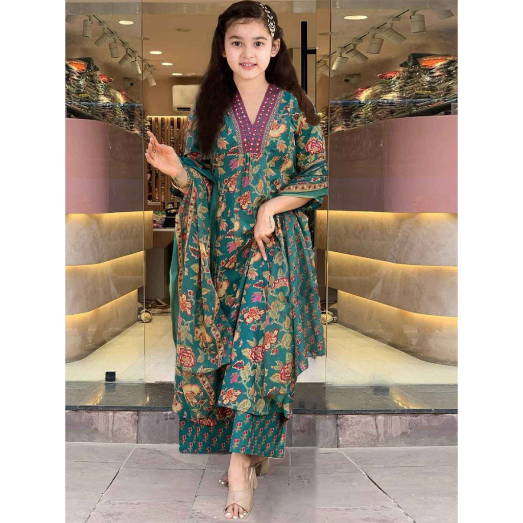 Designer Kids Girls Cotton Kurti Pant Dupatta Set