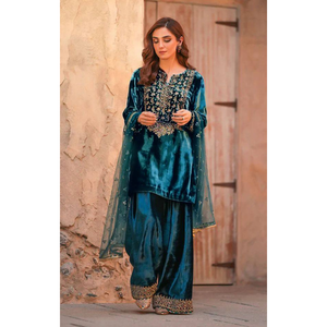Designer Blue Velvet Wedding Wear Velvet Women Top Pant Dupatta Suit Set Mahezon