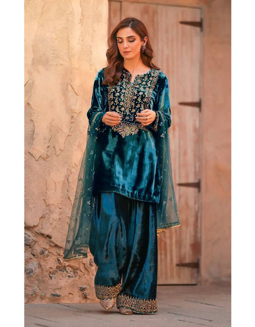 Load image into Gallery viewer, Designer Blue Velvet Wedding Wear Velvet Women Top Pant Dupatta Suit Set Mahezon
