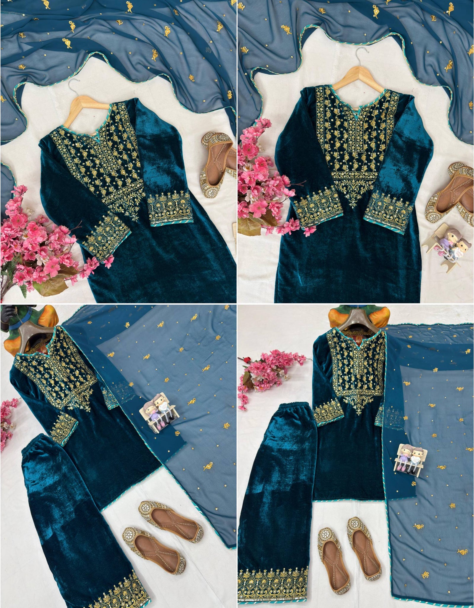 Designer Blue Velvet Wedding Wear Velvet Women Top Pant Dupatta Suit Set Mahezon