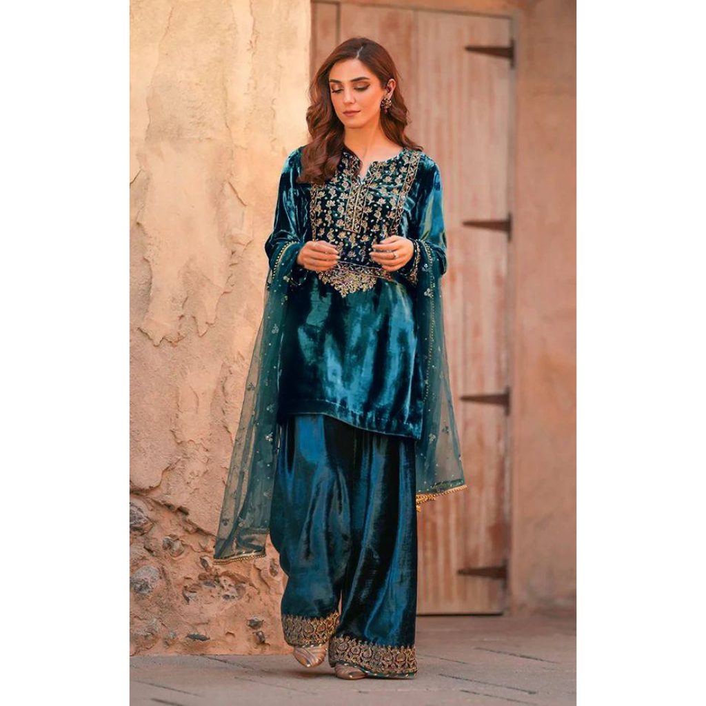 Designer Blue Velvet Wedding Wear Velvet Women Top Pant Dupatta Suit Set Mahezon