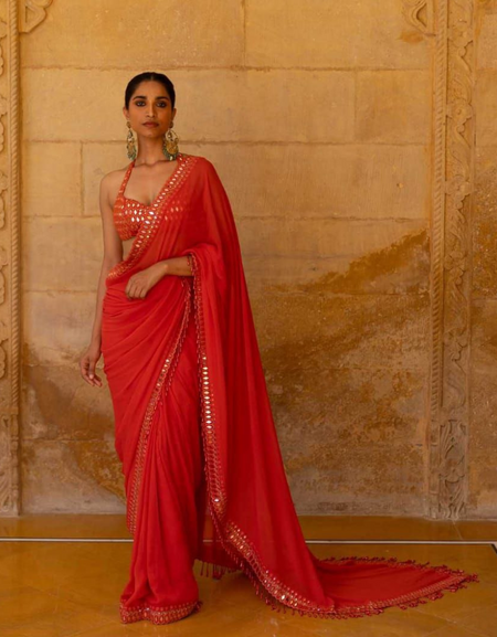 Designer Bollywood Embroidery Red Party Women's Saree