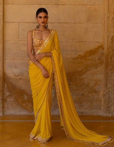 Designer Bollywood Embroidery Yellow Party Women's Saree