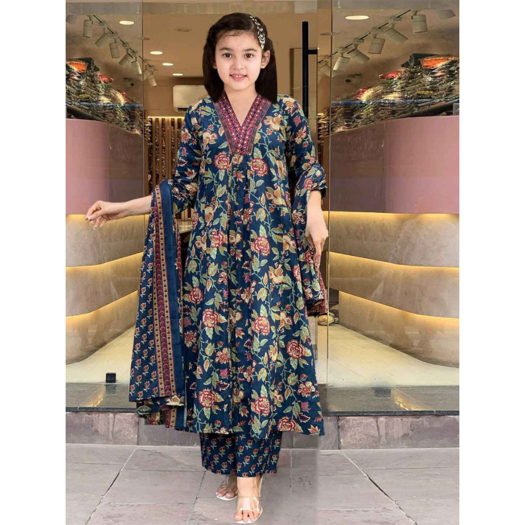 Designer Kids Girls Cotton Kurti Pant Dupatta Set