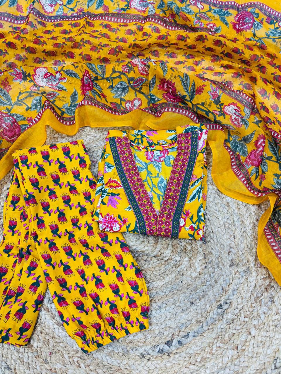 Designer Kids Girls Cotton Kurti Pant Dupatta Set