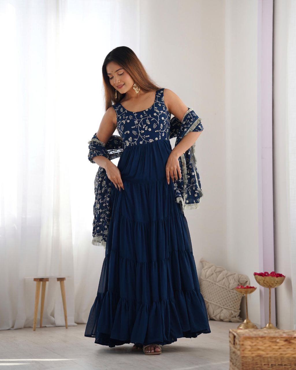 Designer Party wear Women's Anarkali Gown Pant with Dupatta Dress