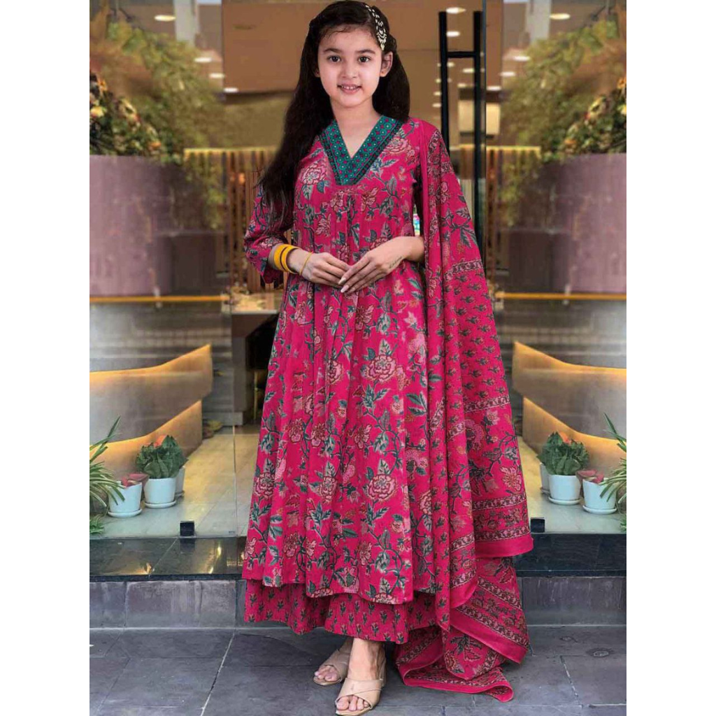 Designer Kids Girls Cotton Kurti Pant Dupatta Set