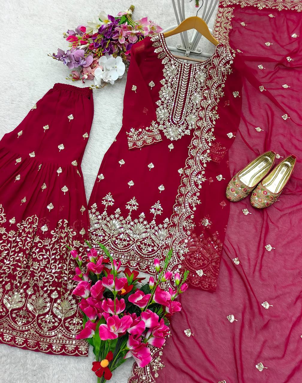 Designer Red Bridal wear Top  Sharara with Dupatta mahezon