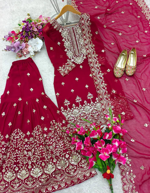 Load image into Gallery viewer, Designer Red Bridal wear Top  Sharara with Dupatta mahezon
