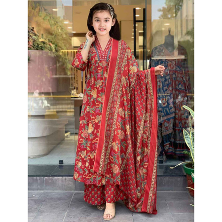 Designer Kids Girls Cotton Kurti Pant Dupatta Set