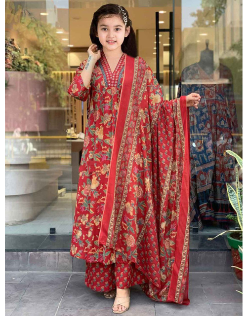 Load image into Gallery viewer, Designer Kids Girls Cotton Kurti Pant Dupatta Set
