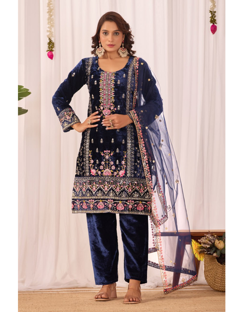 Load image into Gallery viewer, Designer Velvet Embroidery Women Top Pant Dupatta Suit Royal Export
