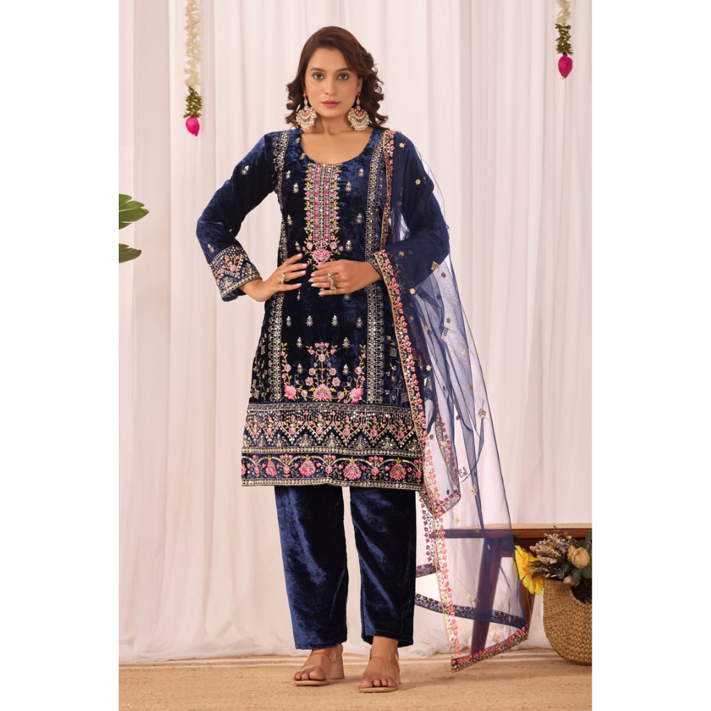 Designer Velvet Embroidery Women Top Pant Dupatta Suit Royal Export