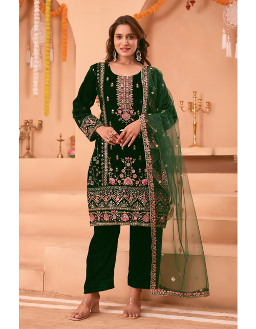 Load image into Gallery viewer, Designer Velvet Embroidery Women Top Pant Dupatta Suit Royal Export
