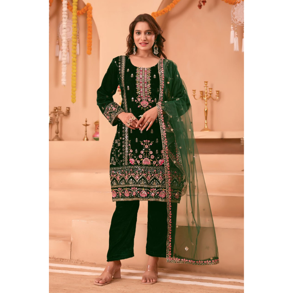 Designer Velvet Embroidery Women Top Pant Dupatta Suit Royal Export