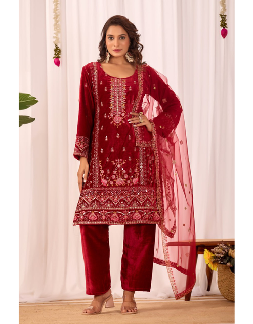 Load image into Gallery viewer, Designer Velvet Embroidery Women Top Pant Dupatta Suit Royal Export
