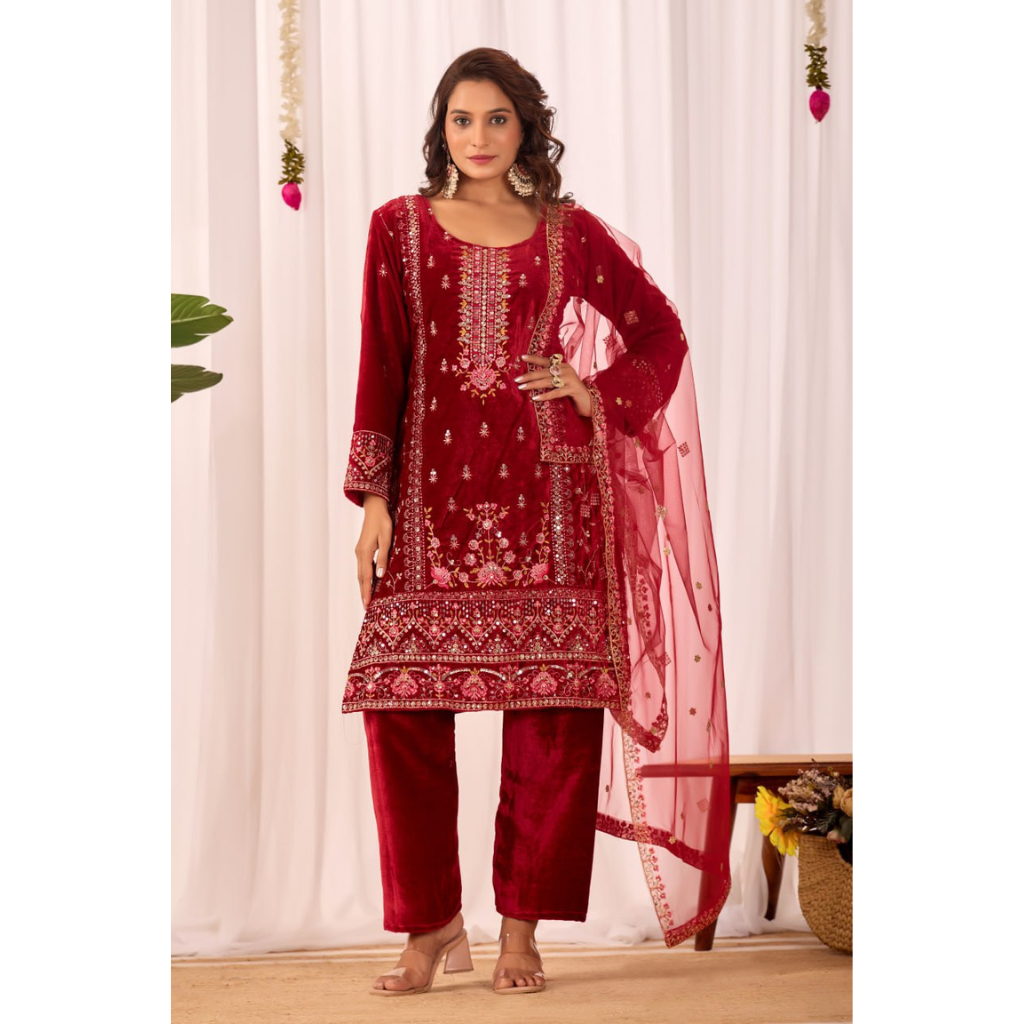 Designer Velvet Embroidery Women Top Pant Dupatta Suit Royal Export