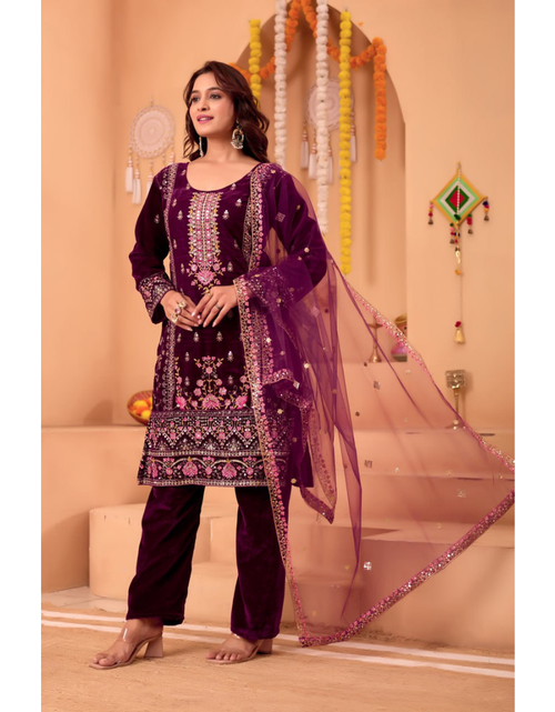 Load image into Gallery viewer, Designer Velvet Embroidery Women Top Pant Dupatta Suit Royal Export
