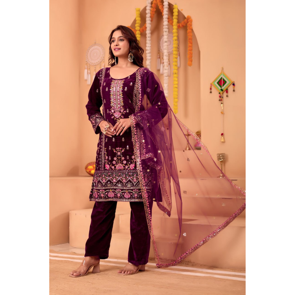 Designer Velvet Embroidery Women Top Pant Dupatta Suit Royal Export