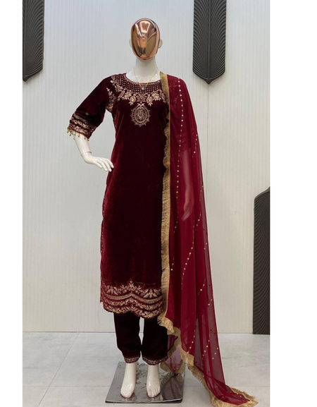 Designer Velvet Embroidery  Sequence Women Top Pant Dupatta Royal Export