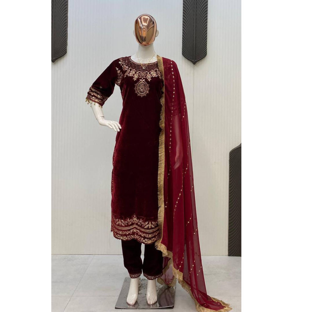 Designer Velvet Embroidery  Sequence Women Top Pant Dupatta Royal Export