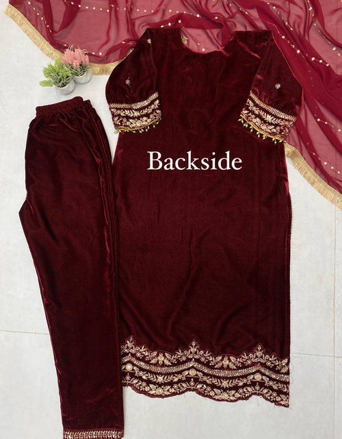 Load image into Gallery viewer, Designer Velvet Embroidery  Sequence Women Top Pant Dupatta Royal Export
