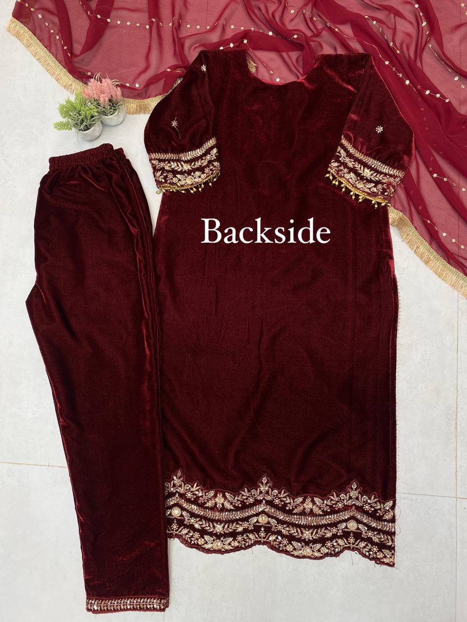 Designer Velvet Embroidery  Sequence Women Top Pant Dupatta Royal Export