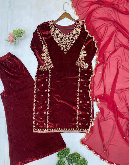 Designer Velvet Embroidery Women Top Pant Dupatta Royal Export
