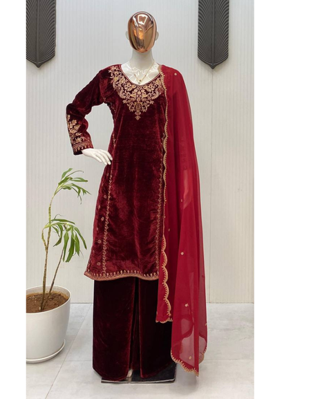 Designer Velvet Embroidery Women Top Pant Dupatta Royal Export