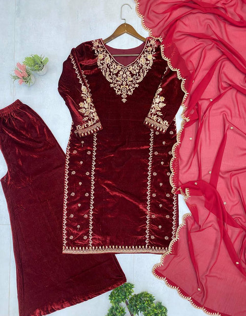 Load image into Gallery viewer, Designer Velvet Embroidery Women Top Pant Dupatta Royal Export
