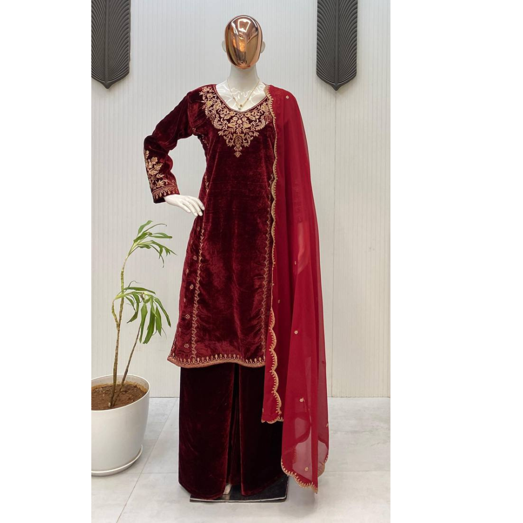 Designer Velvet Embroidery Women Top Pant Dupatta Royal Export