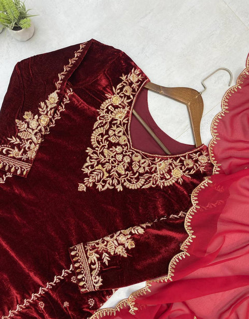 Load image into Gallery viewer, Designer Velvet Embroidery Women Top Pant Dupatta Royal Export
