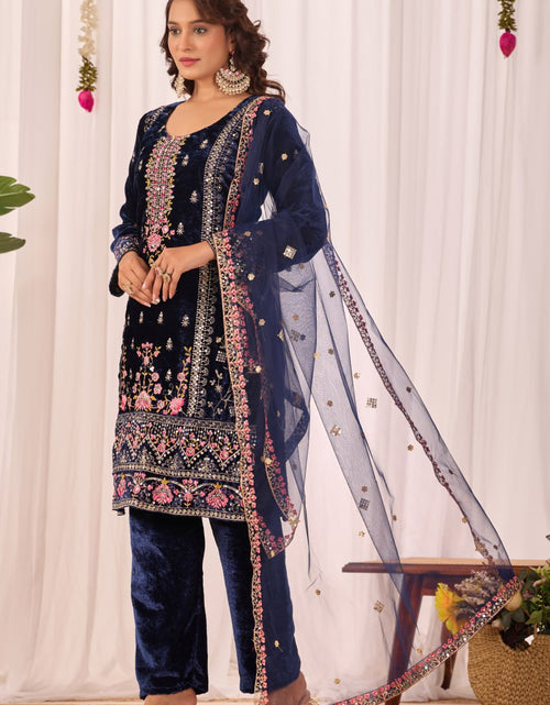 Load image into Gallery viewer, Designer Velvet Embroidery Women Top Pant Dupatta Suit Royal Export
