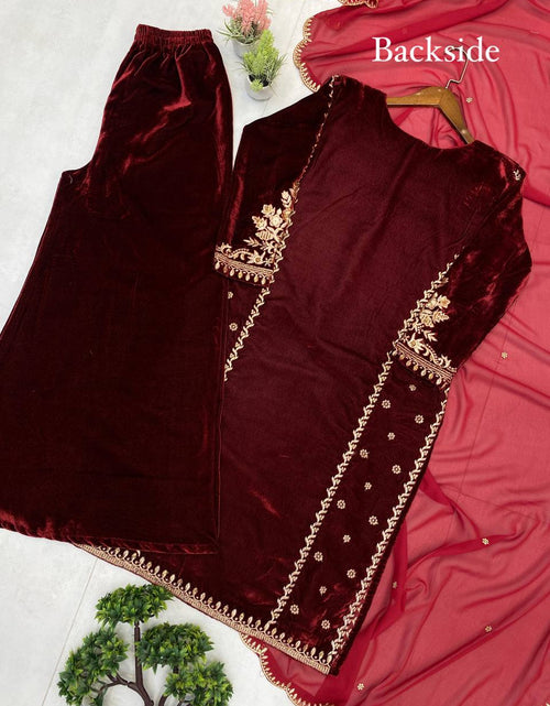 Load image into Gallery viewer, Designer Velvet Embroidery Women Top Pant Dupatta Royal Export
