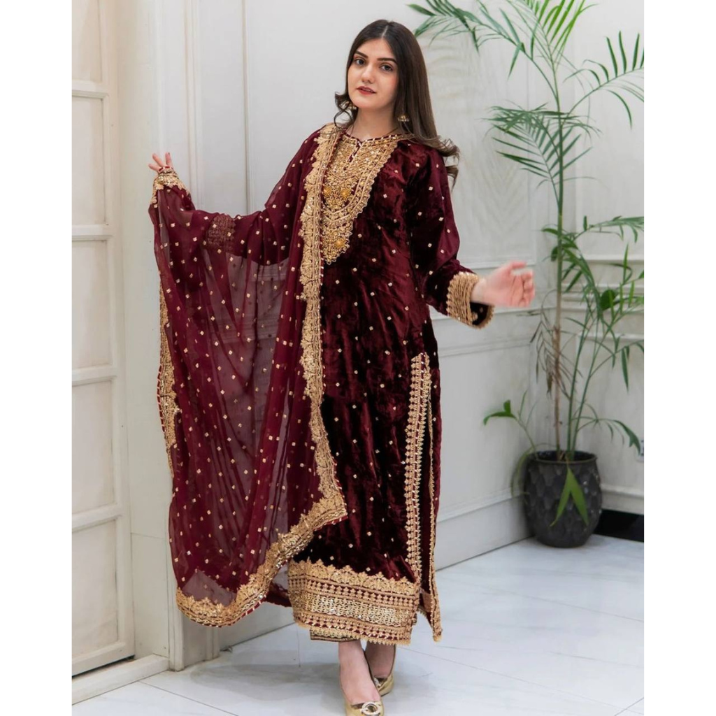 Designer Velvet Ethnic Embroidery Women Top Pant Dupatta Suit 