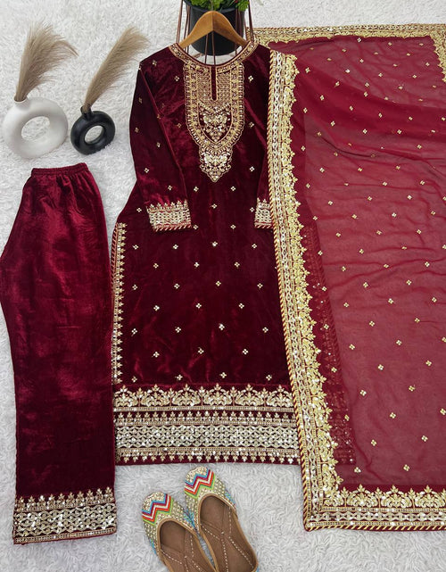 Load image into Gallery viewer, Designer Velvet Ethnic Embroidery Women Top Pant Dupatta Suit 
