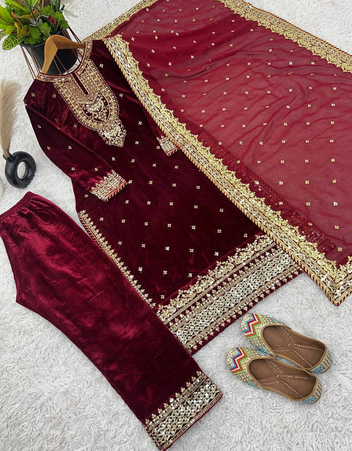 Load image into Gallery viewer, Designer Velvet Ethnic Embroidery Women Top Pant Dupatta Suit 
