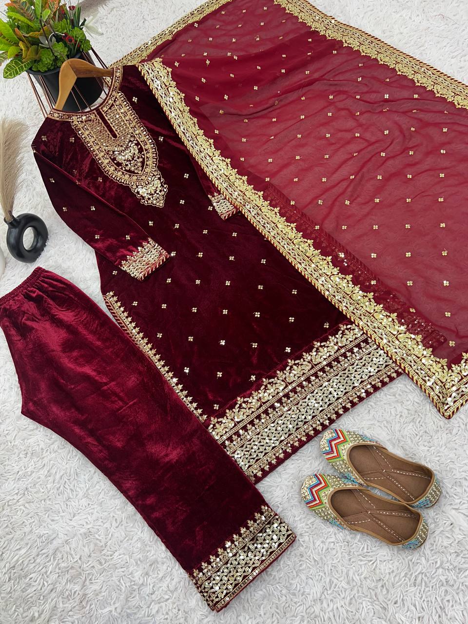 Designer Velvet Ethnic Embroidery Women Top Pant Dupatta Suit 