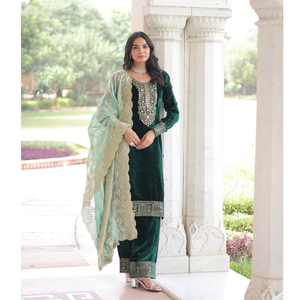 Designer Velvet Wedding Wear Velvet Women Top Pant Dupatta Suit Set 