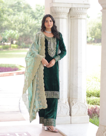 Designer Velvet Wedding Wear Velvet Women Top Pant Dupatta Suit Set 
