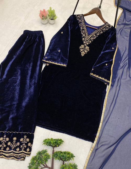 Load image into Gallery viewer, Designer Velvet Wedding Embroidery Women Top Pant Dupatta SuitMahezon
