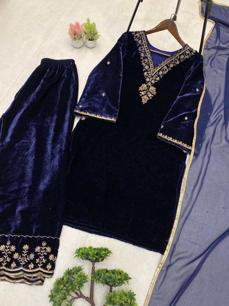 Designer Velvet Wedding Embroidery Women Top Pant Dupatta SuitMahezon