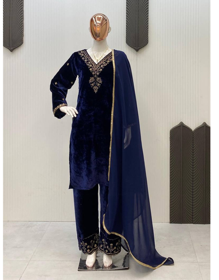 Designer Velvet Wedding Embroidery Women Top Pant Dupatta Suit Mahezon