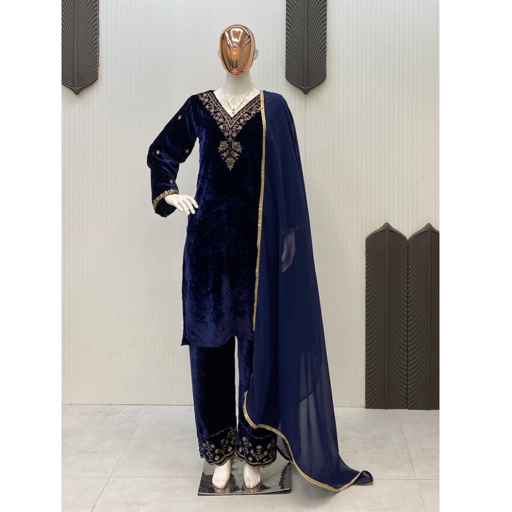 Designer Velvet Wedding Embroidery Women Top Pant Dupatta Suit Mahezon