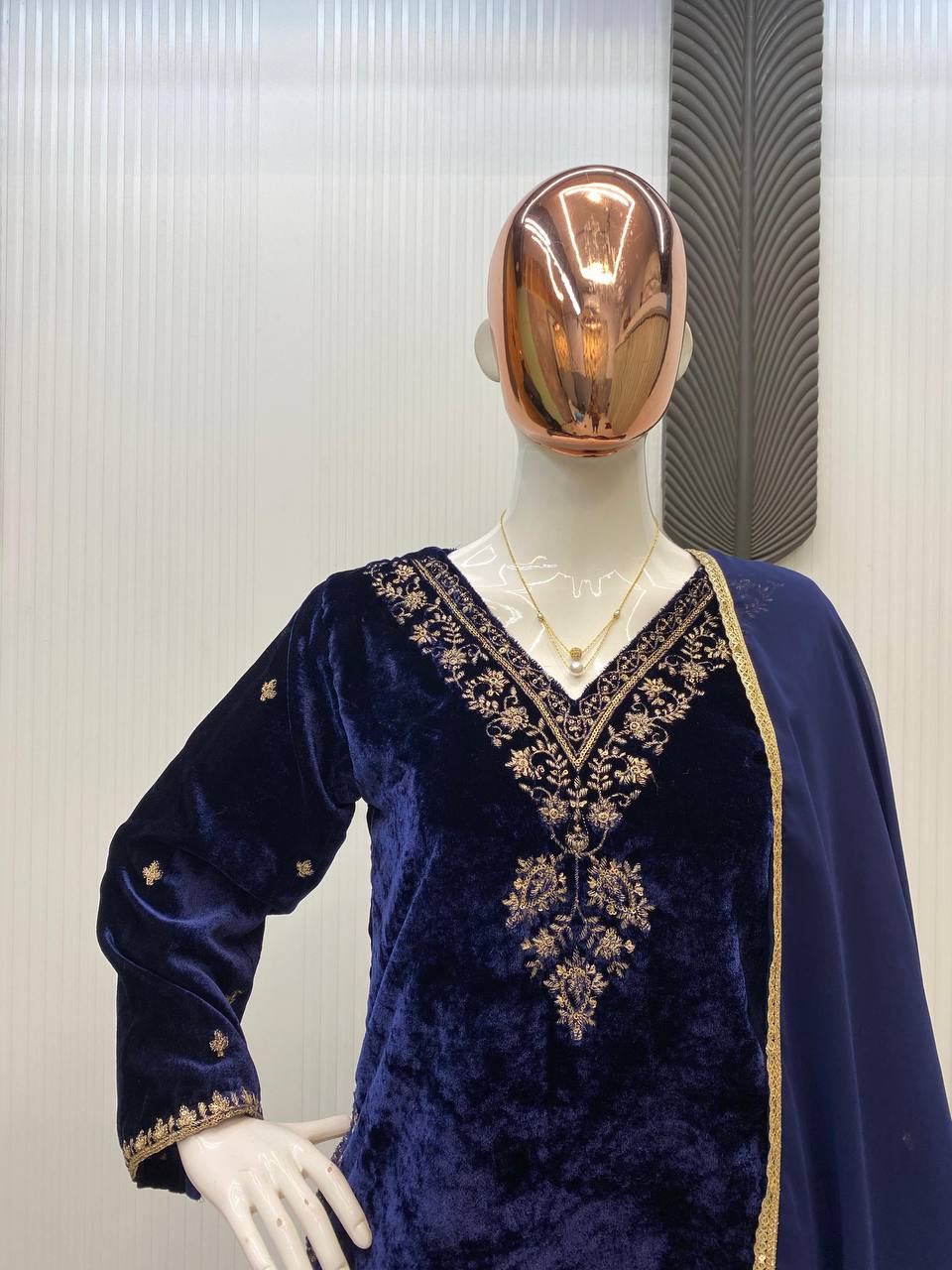 Designer Velvet Wedding Embroidery Women Top Pant Dupatta Suit Mahezon