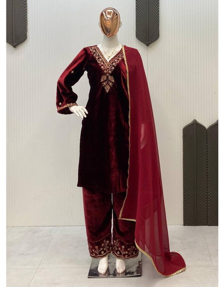 Designer Velvet Wedding Embroidery Women Top Pant Dupatta Suit Mahezon
